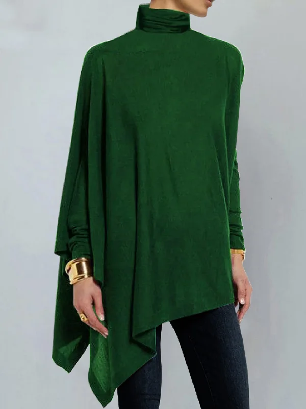 Casual Long Sleeves Asymmetric Solid Color High-Neck T-Shirts