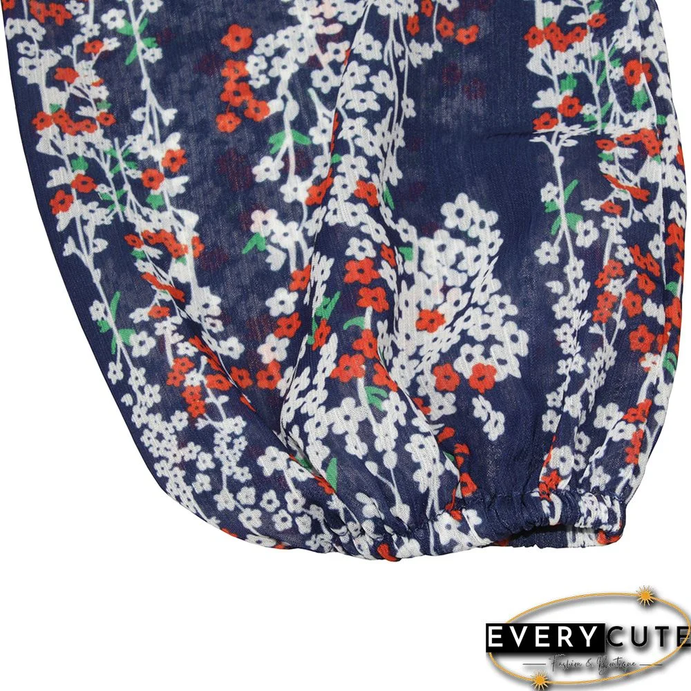 Navy Blue V Neck Ruffle Hem Long Sleeve Romper