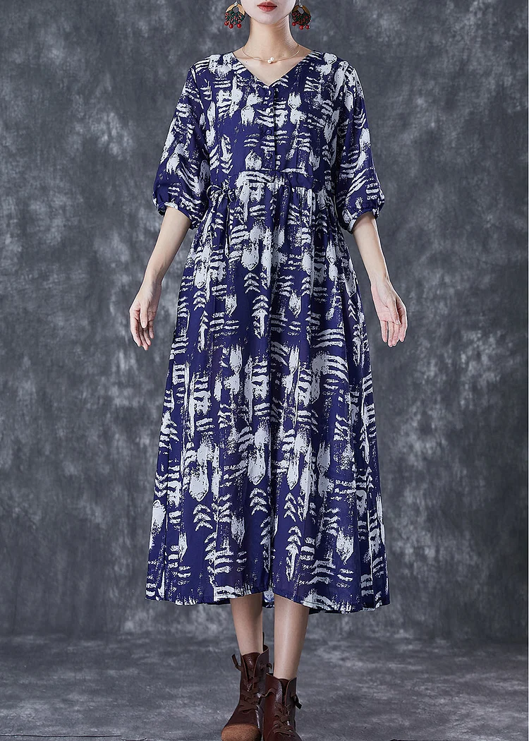 Boutique Navy Cinched Print Linen Vacation Dresses Summer