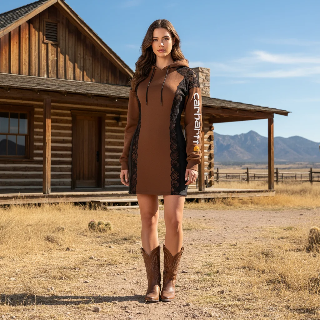 Women's Vintage Brown Patchwork Lace Hoodie Dress