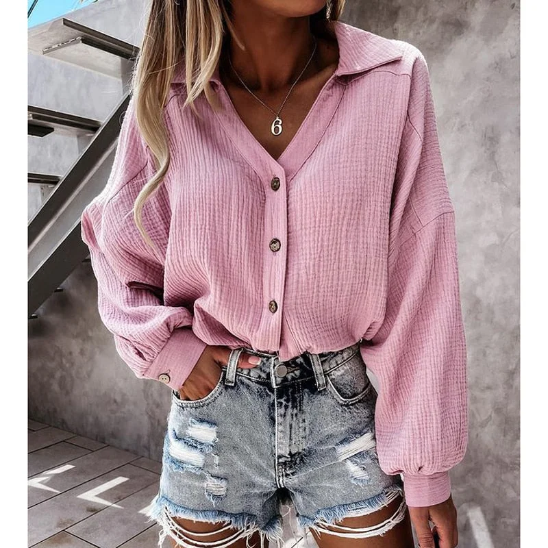 Single Breasted Loose Blouses Women Fashion Long Sleeve Turn Down Collar Shirts Women Elegant Solid Tops Female Ladies