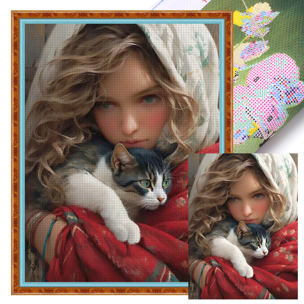Girl And Cat Full 11CT Pre-stamped Canvas(50*65cm) Cross Stitch