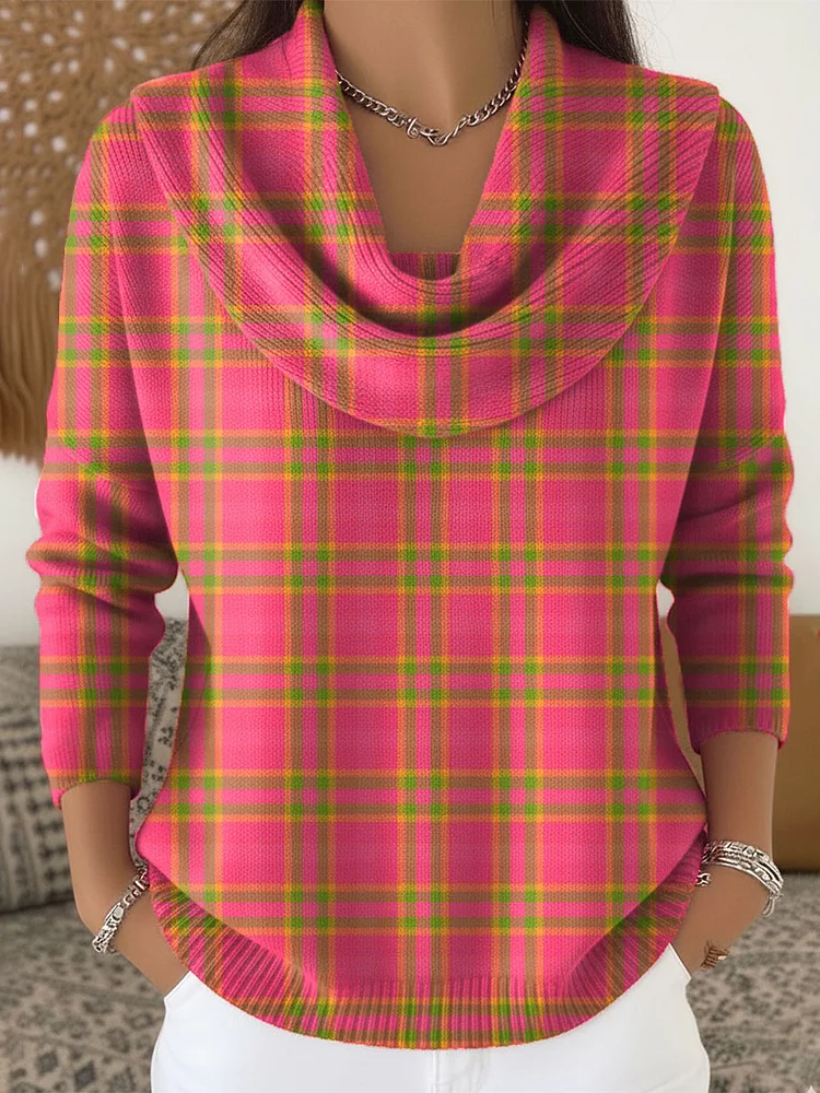 Women's Vintage Plaid  Art Print Cowl Neck Sweater