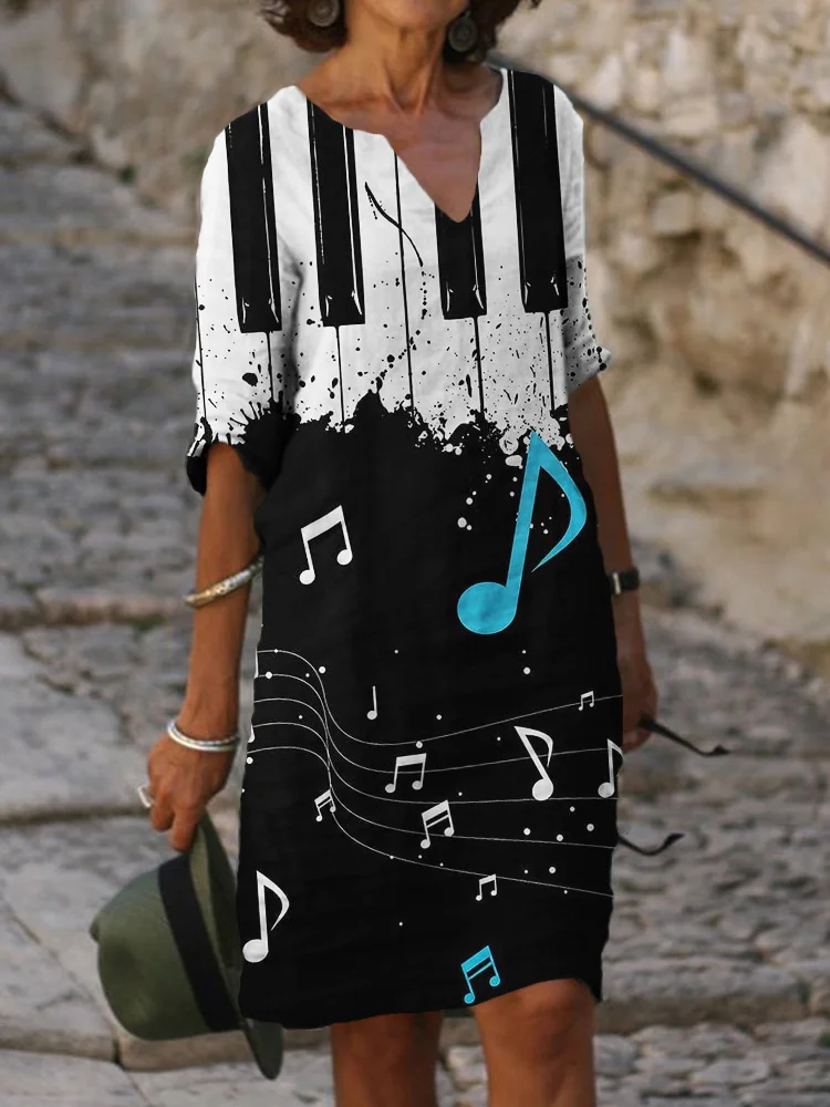 Music Notes Piano Inspired Notch Neck Midi Dress