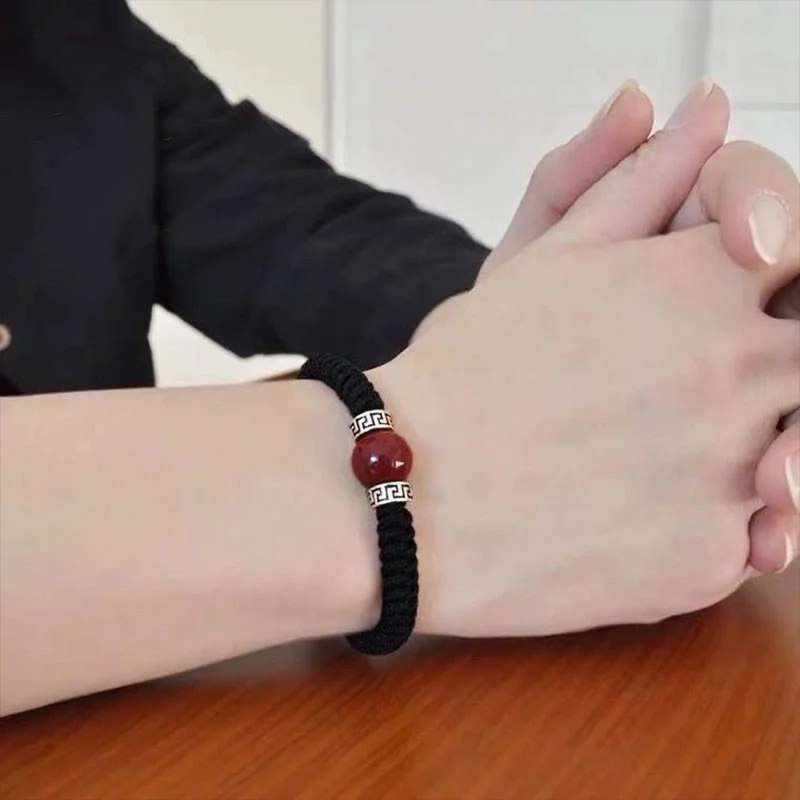 925 Sterling Silver Natural Cinnabar Bead Calm Handmade Braided String Bracelet