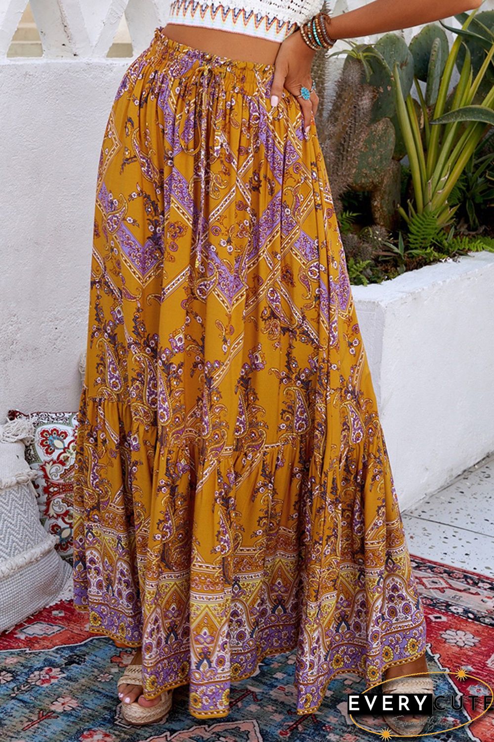 Orange Boho Floral Print Ruffled Elastic High Waist Maxi Skirt