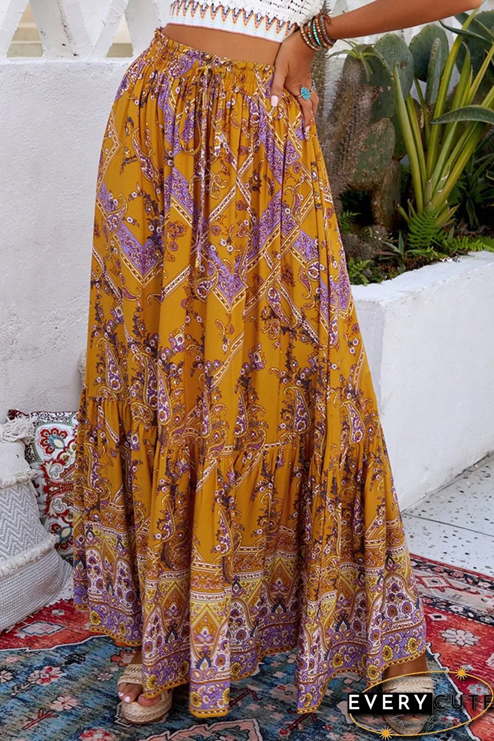 Orange Boho Floral Print Ruffled Elastic High Waist Maxi Skirt