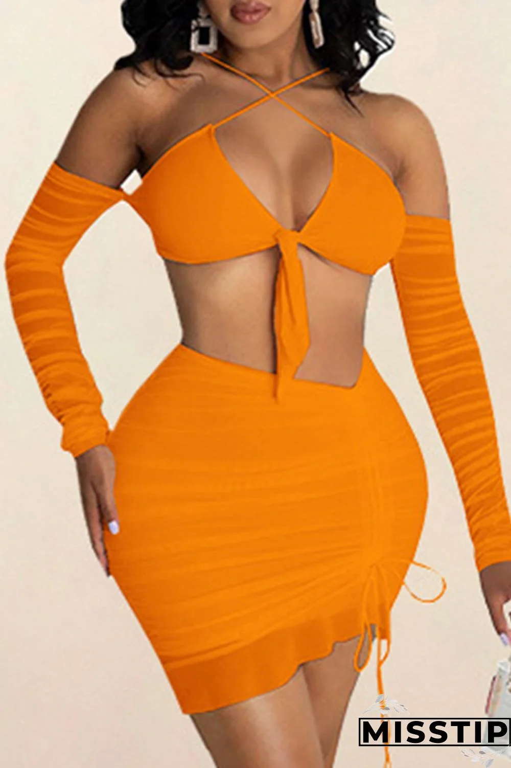 Orange Sexy Solid Hollowed Out Strap Design Halter Sleeveless Two Pieces