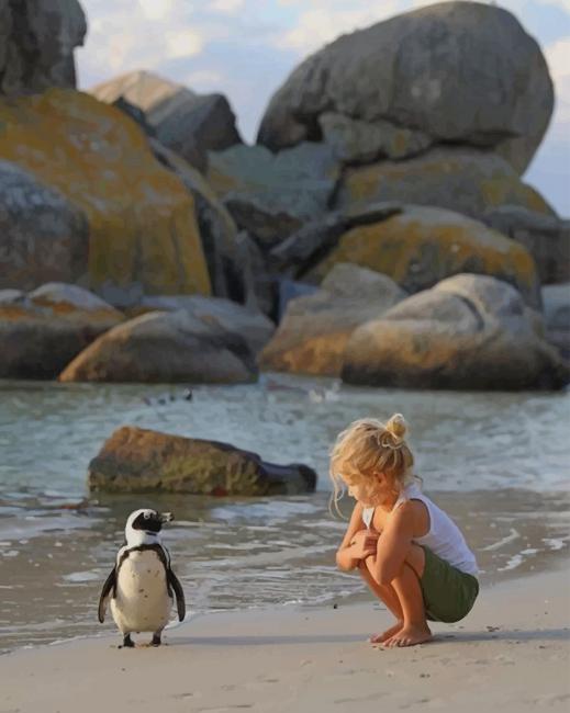 

A little Girl Trying To Talk To A Penguin – Paint By Numbers - 40*50CM, 501 Original