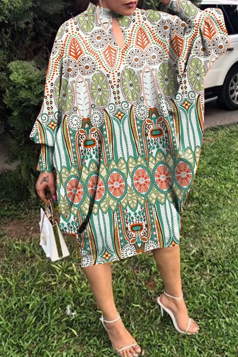 Casual Print Hollowed Out Button Collar Dresses