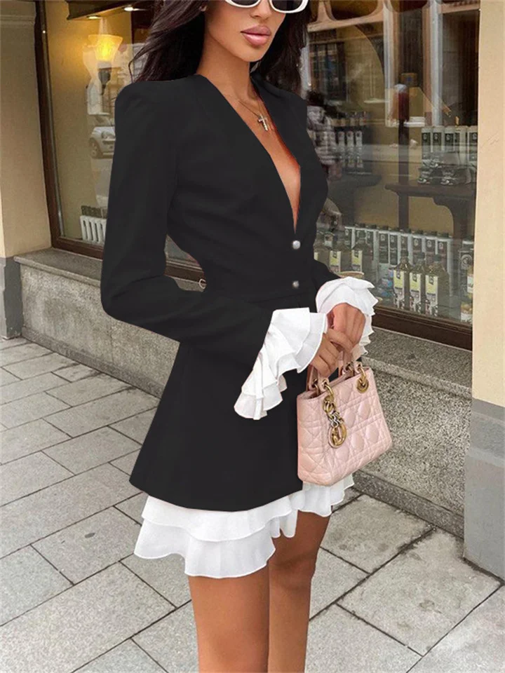 Fashion Women's New Design Sexy V-neck Mid-waist Long-sleeved Ruffle Stitching Fake Two Pieces Dress Commuter Section Short Dress-Cosfine