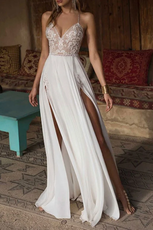 White Spaghetti-Straps Mermaid Split Wedding Dress With Lace Applique PD0932