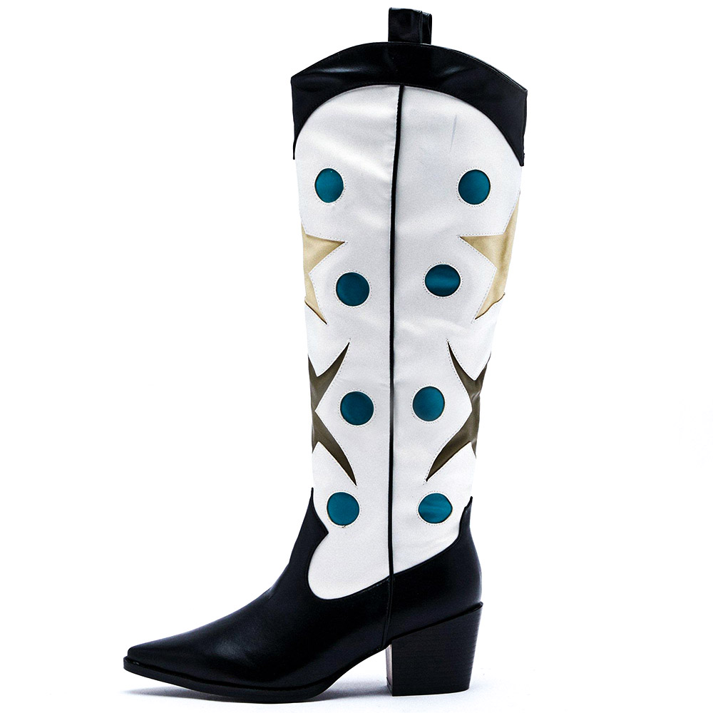 Multicolor Vegan Leather Knee Boot Star Dot Print Low Heels Boots