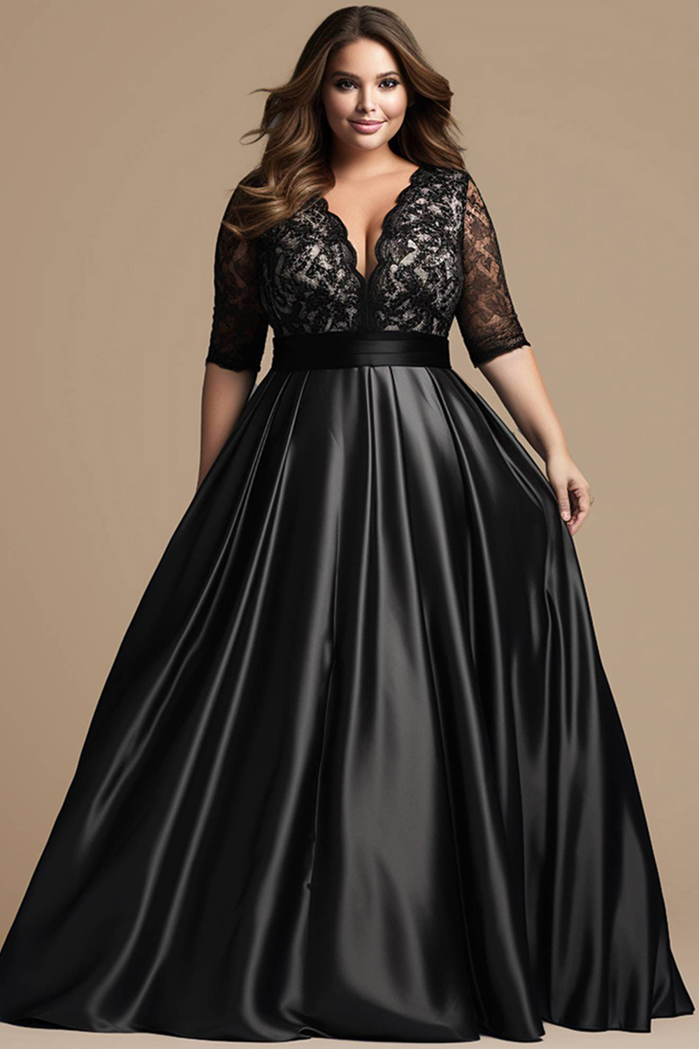 Flycurvy Plus Size Wedding Guest Black Satin Lace Deep V Neck Half Sleeve Maxi Dress 2024 - Flycurvy 