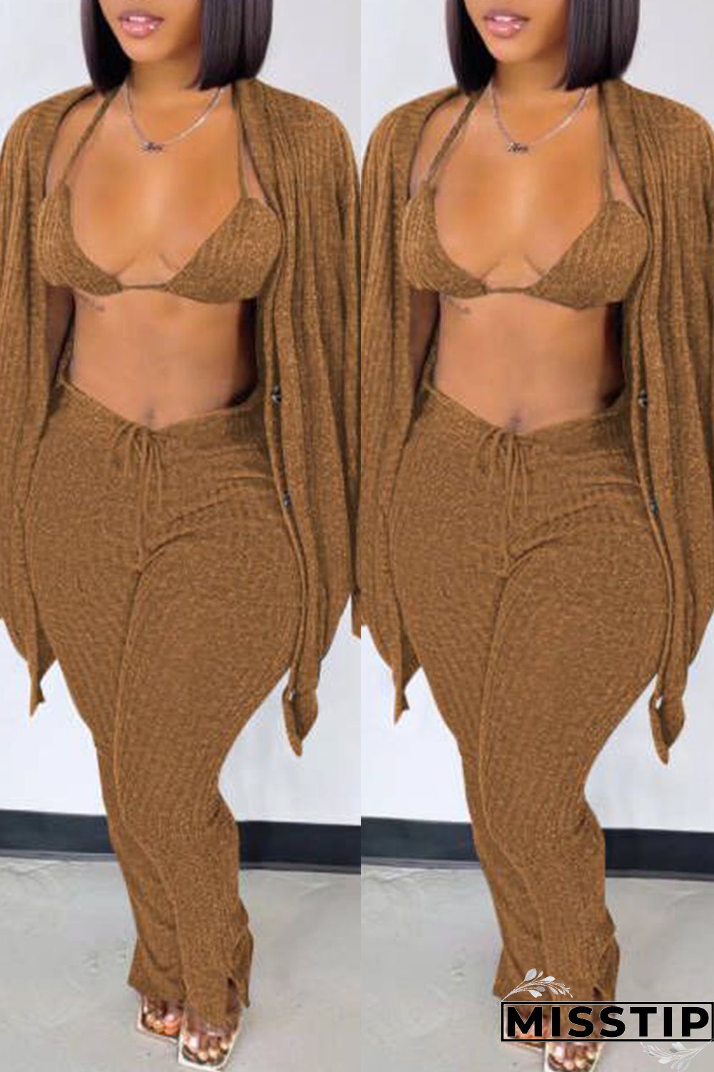 Blue Fashion Casual Solid Cardigan Vests Pants Long Sleeve Three-piece Set