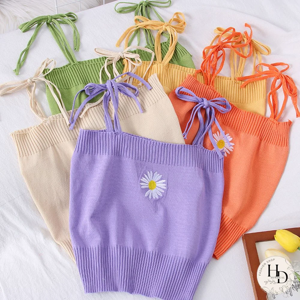 Women Knitted Crop Tops With Flower Female Spaghetti Straps Ribbed Tops Women Harajuku Cute Tops For Women Summer