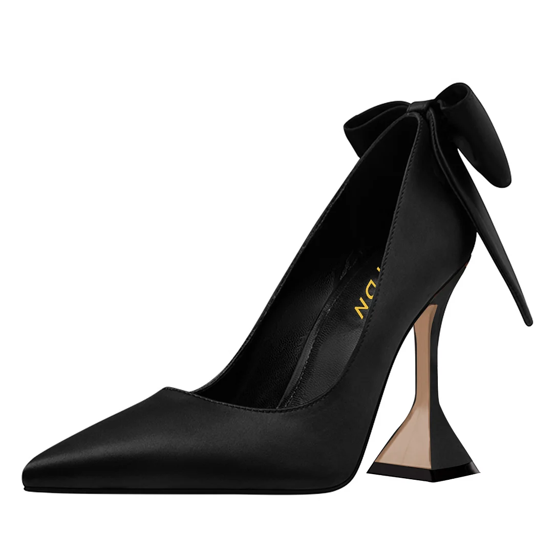 Black Satin Pointed Toe Back Bow Inlay Elegant Pumps with Flared Heel