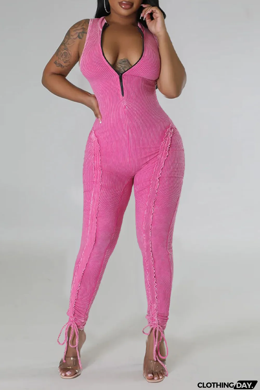 Light Blue Casual Solid Patchwork Stringy Selvedge Zipper Collar Skinny Jumpsuits