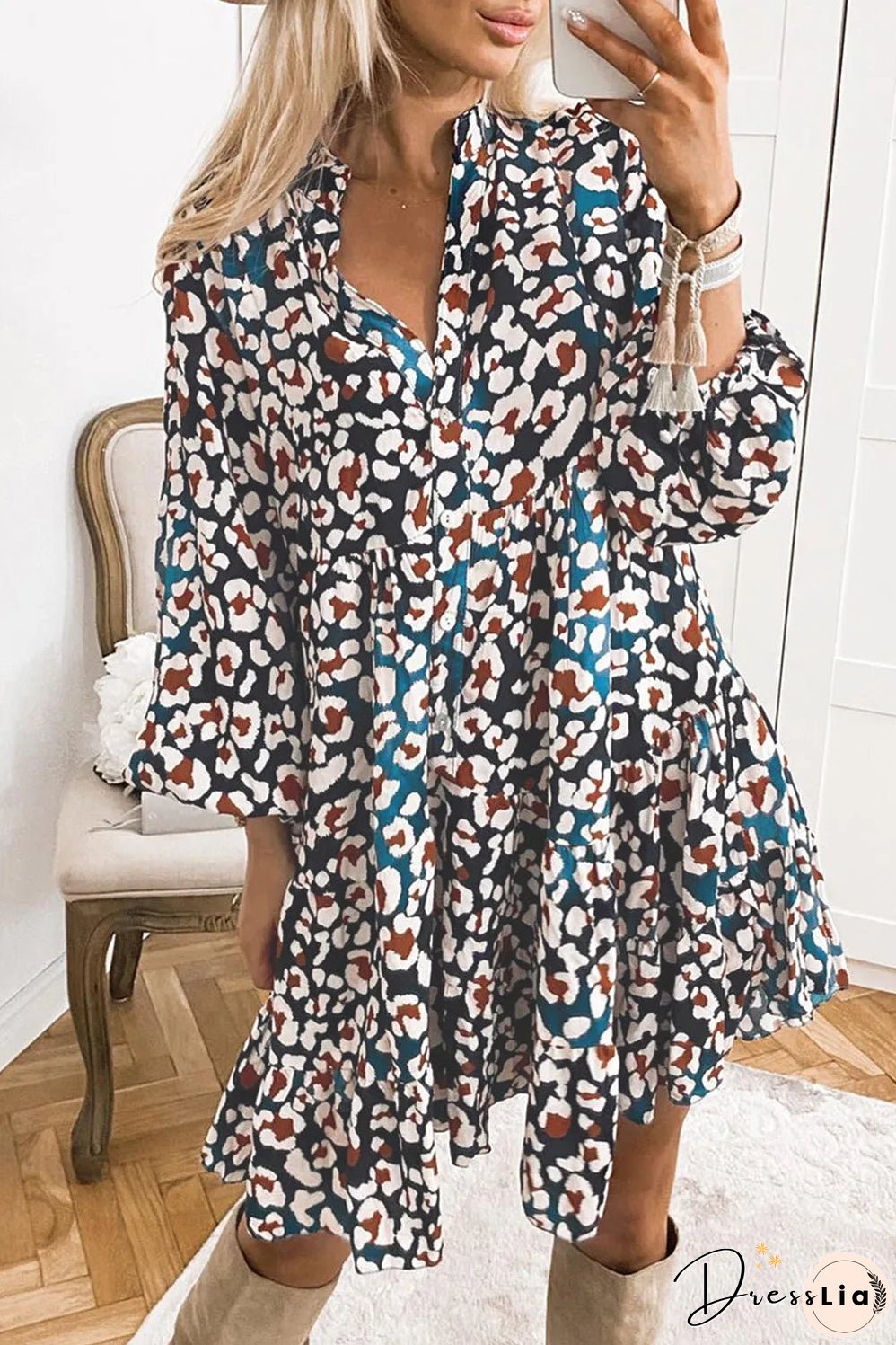 Blue Leopard Print Bubble Sleeve Ruffled Shirt Dress
