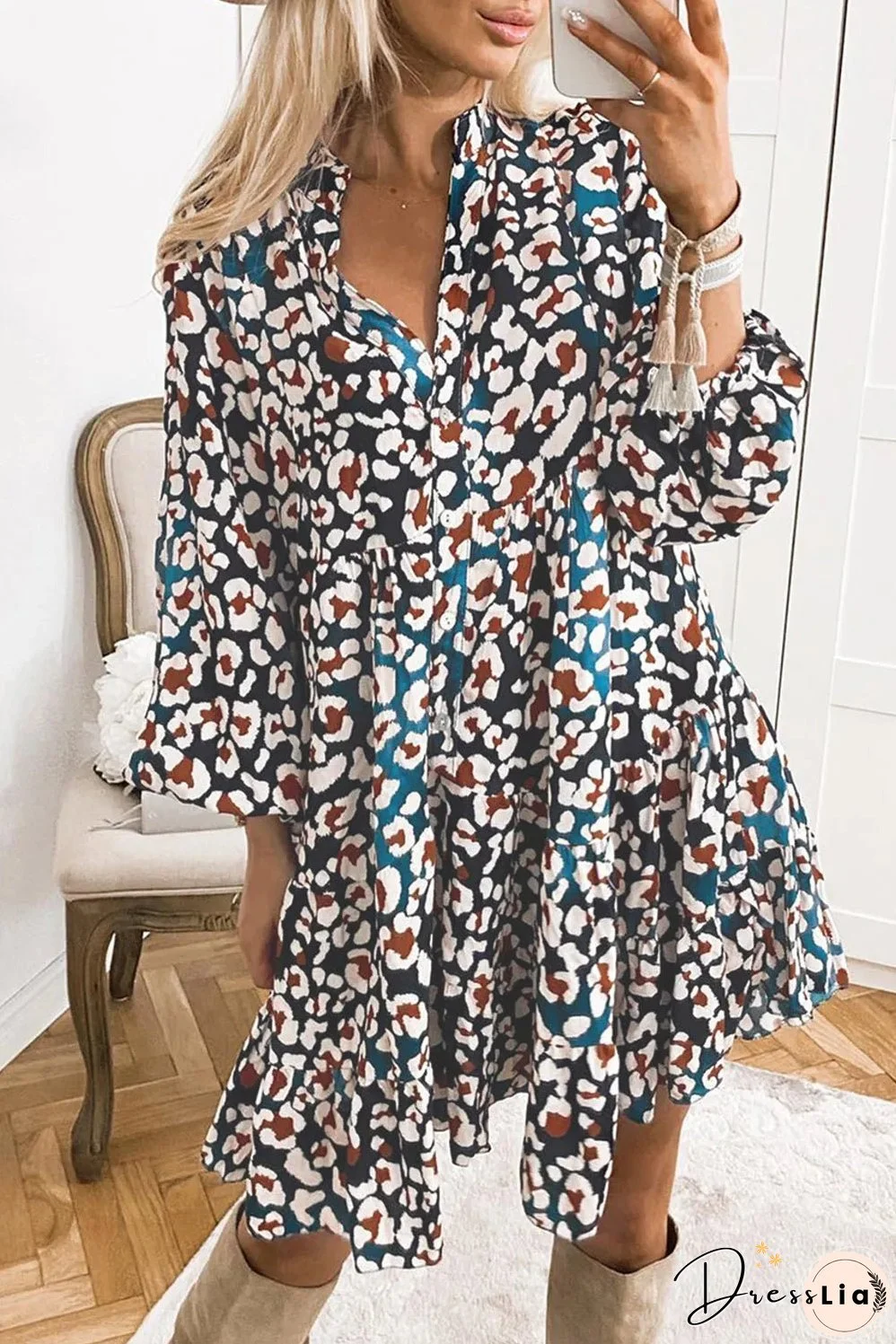 Blue Leopard Print Bubble Sleeve Ruffled Shirt Dress