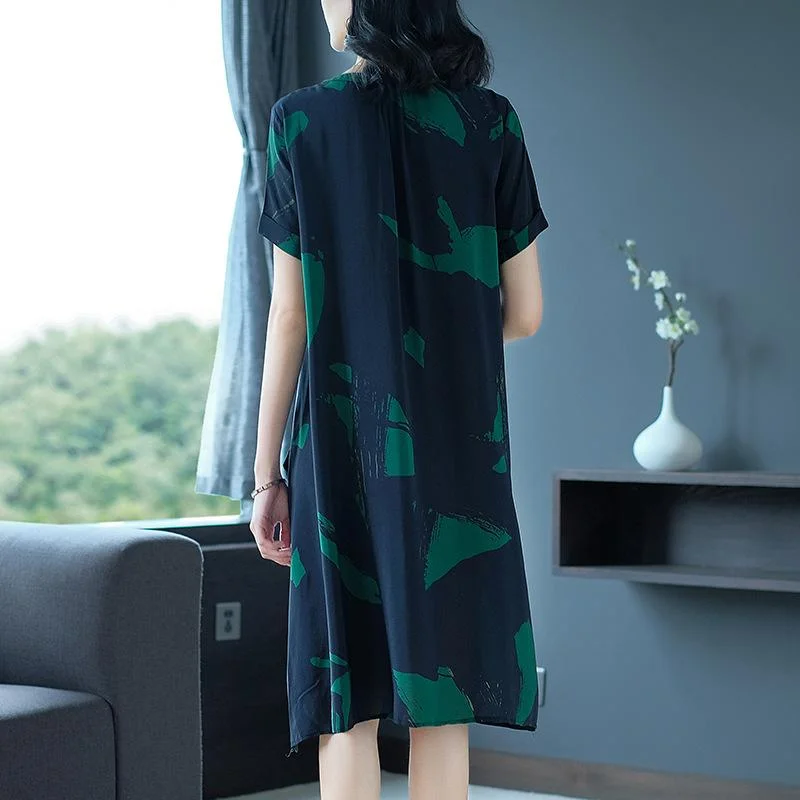 Mid-length short-sleeved round neck printed silk dress