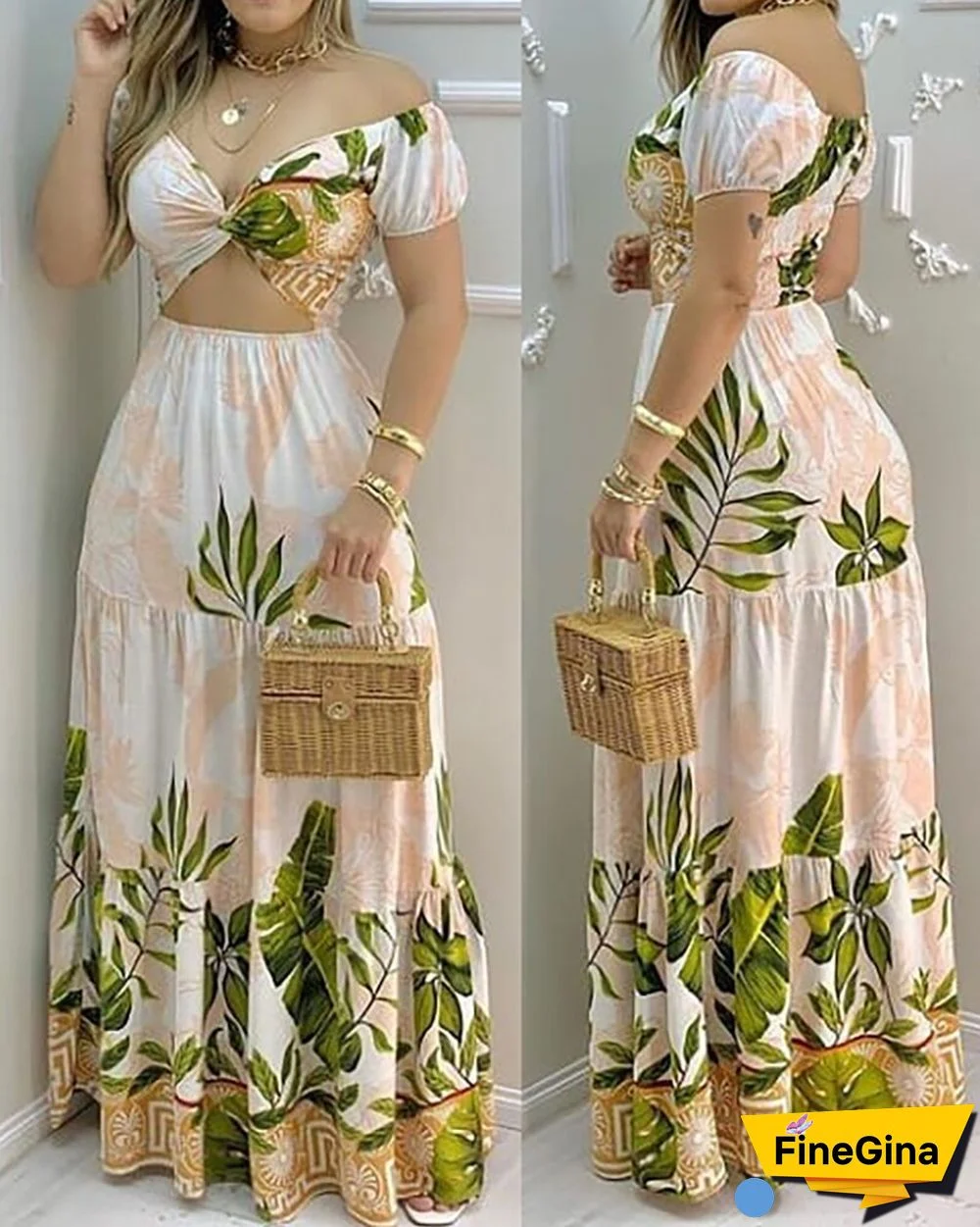 Fashion Ladies Printed Hollow Design Off-the-shoulder V-neck Bohemian Dress Dresses Length Sleeve Style Sleeve Length(cm) Type