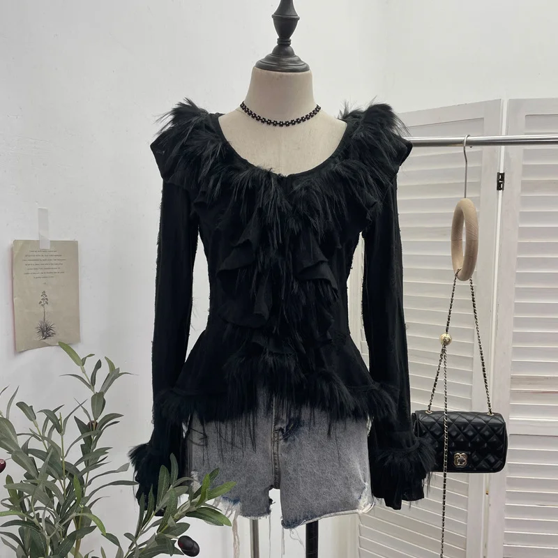 Uveng Real Shooting Waste Soil Wind Irregular Wood Ear Trumin Knitting To Make Old Hole Splicing Hairy Blouse Hottie Cardigan 2987