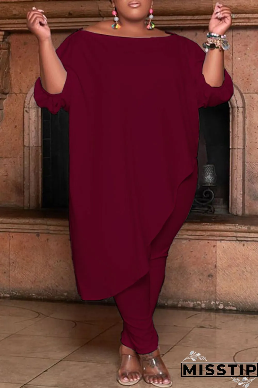 Green Fashion Casual Solid Asymmetrical Oblique Collar Plus Size Two Pieces