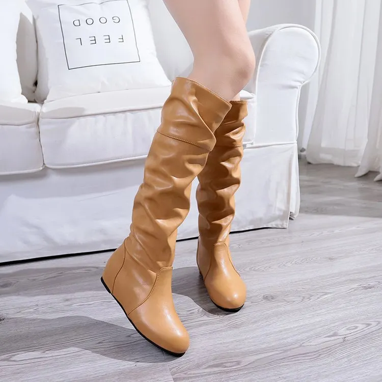 Yyvonne Flat-Bottomed Long Boots Women Autumn And Winter New In The New Increase In The Pu Leather Face Round Head Cover Thin Women Boots