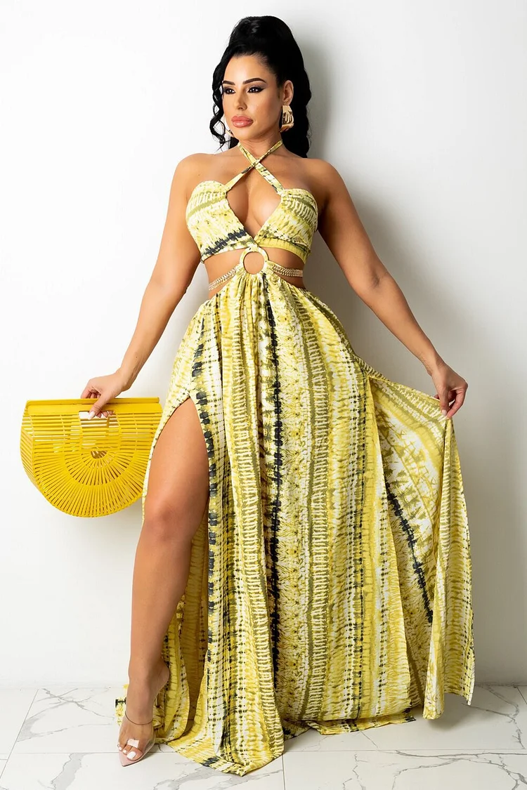 Tie Dye Print Cross Halter Cutout Slit Hem A-Line Maxi Dresses-Yellow