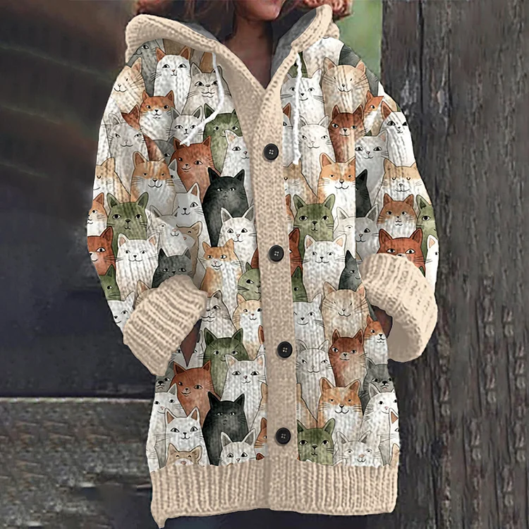 Colorful Cat Pattern Cozy Hooded Knit Sweater