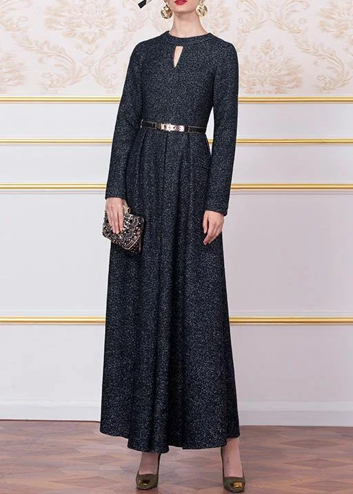 Style dark blue wool blended clothes For Women big hem cotton winter Dress