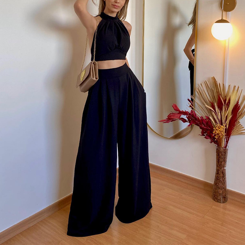 Falconsama Sexy Fashion Loose Outfits Tracksuit Sleeveless O Neck Crop Top Wide Leg Pants Suit Y2K INS Clothes Elegant Women Two Piece Set