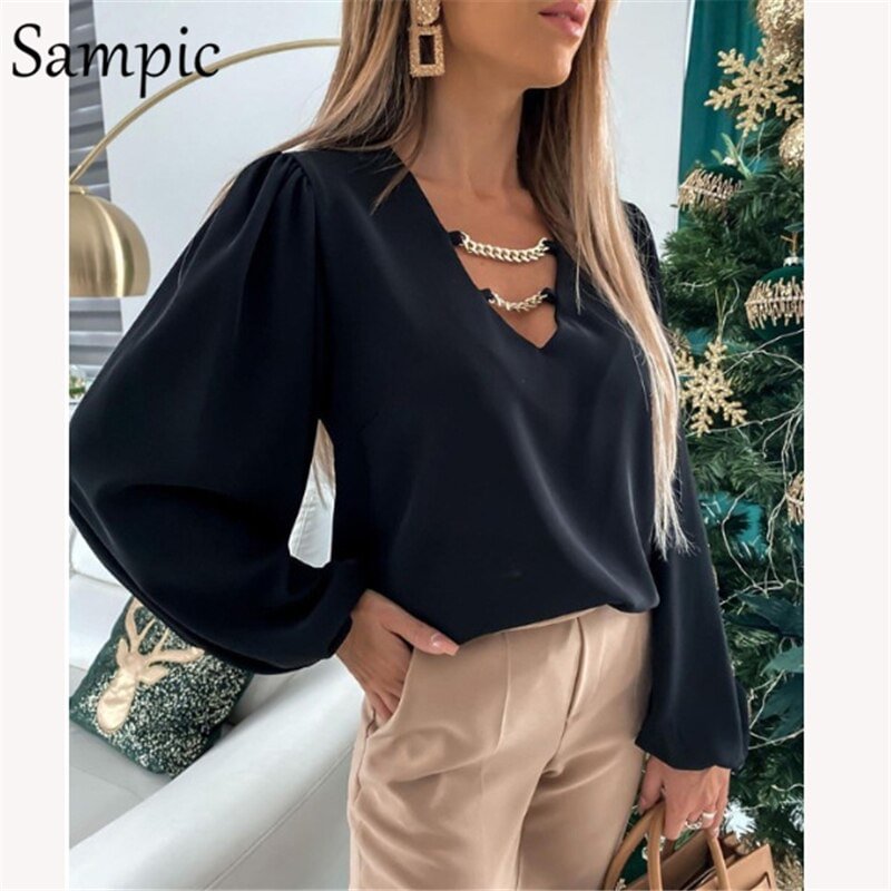 Sampic Hollow Out V Neck White Black Women Long Puff Sleeves Blouse Tops Ladies Office Sexy Chain Chiffon Blouse Shirt 2020