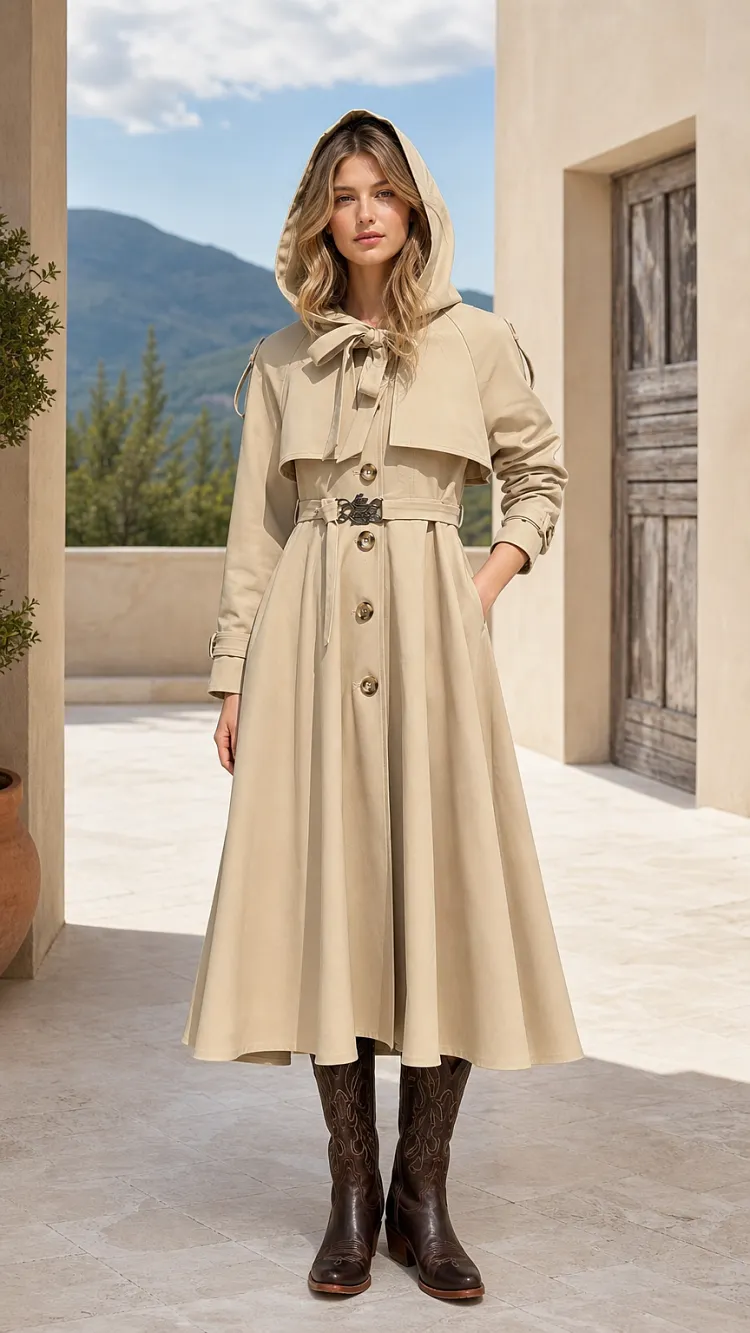 Elegant Hooded A-Line Trench Coat with Tie Collar and Belt