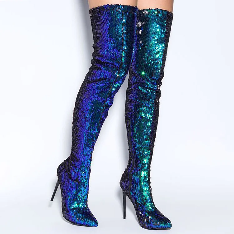 Fish Scales Sequin Over The Knee Boots-Blue