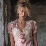 Vintage Boho Pink Rose Embroidered V Neck Linen T Shirt - Image 2