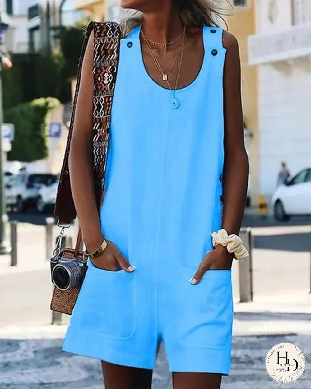 Button Strap Cotton Linen Romper