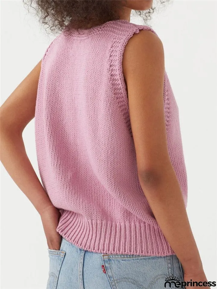 Relaxed Fit Fine Knit V Neck Ribbed Detailing Solid Color Sleeveless Sweater Vest
