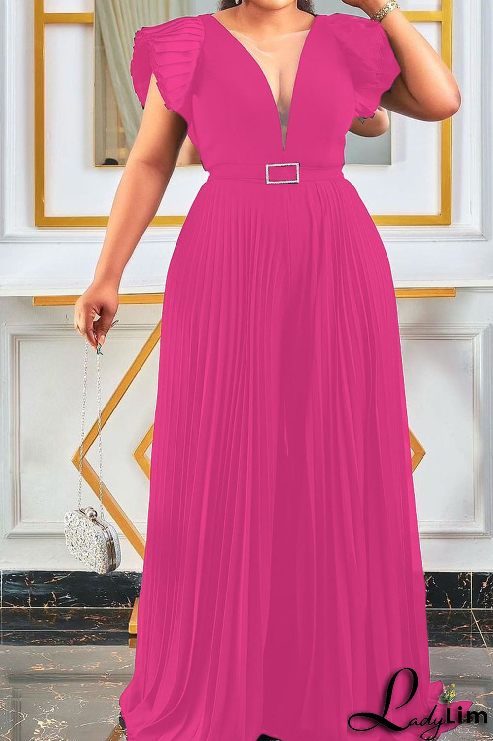 Yellow Elegant Solid Split Joint Fold V Neck Loose Jumpsuits