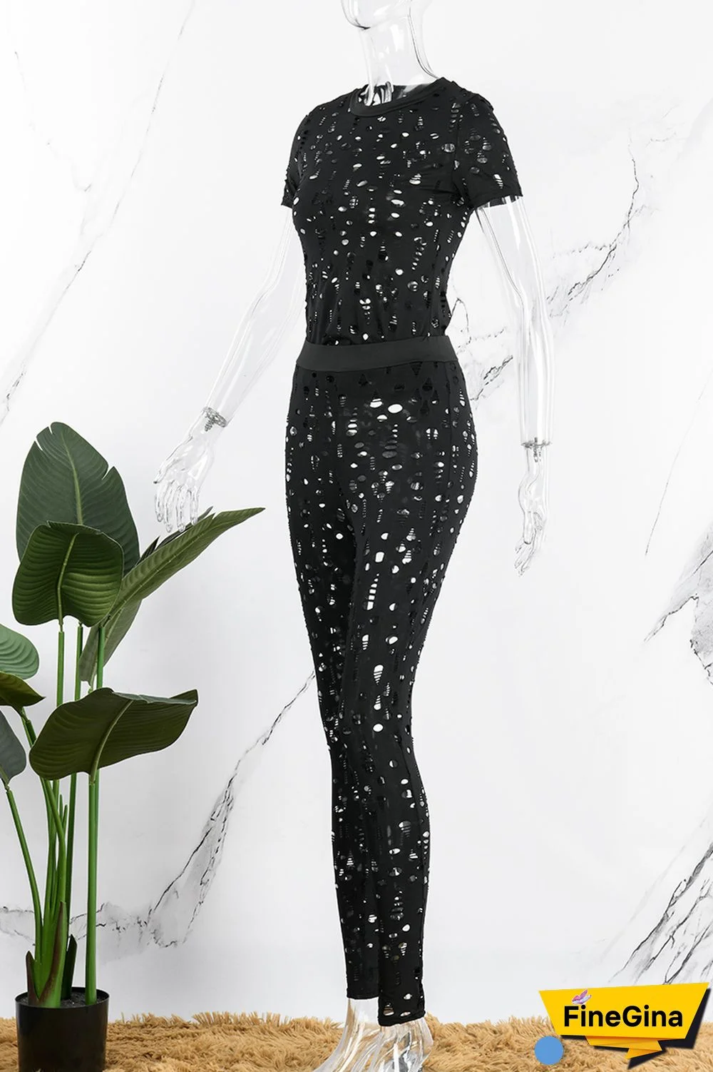 Black Sexy Solid Ripped Hollowed Out O Neck Short Sleeve Two Pieces