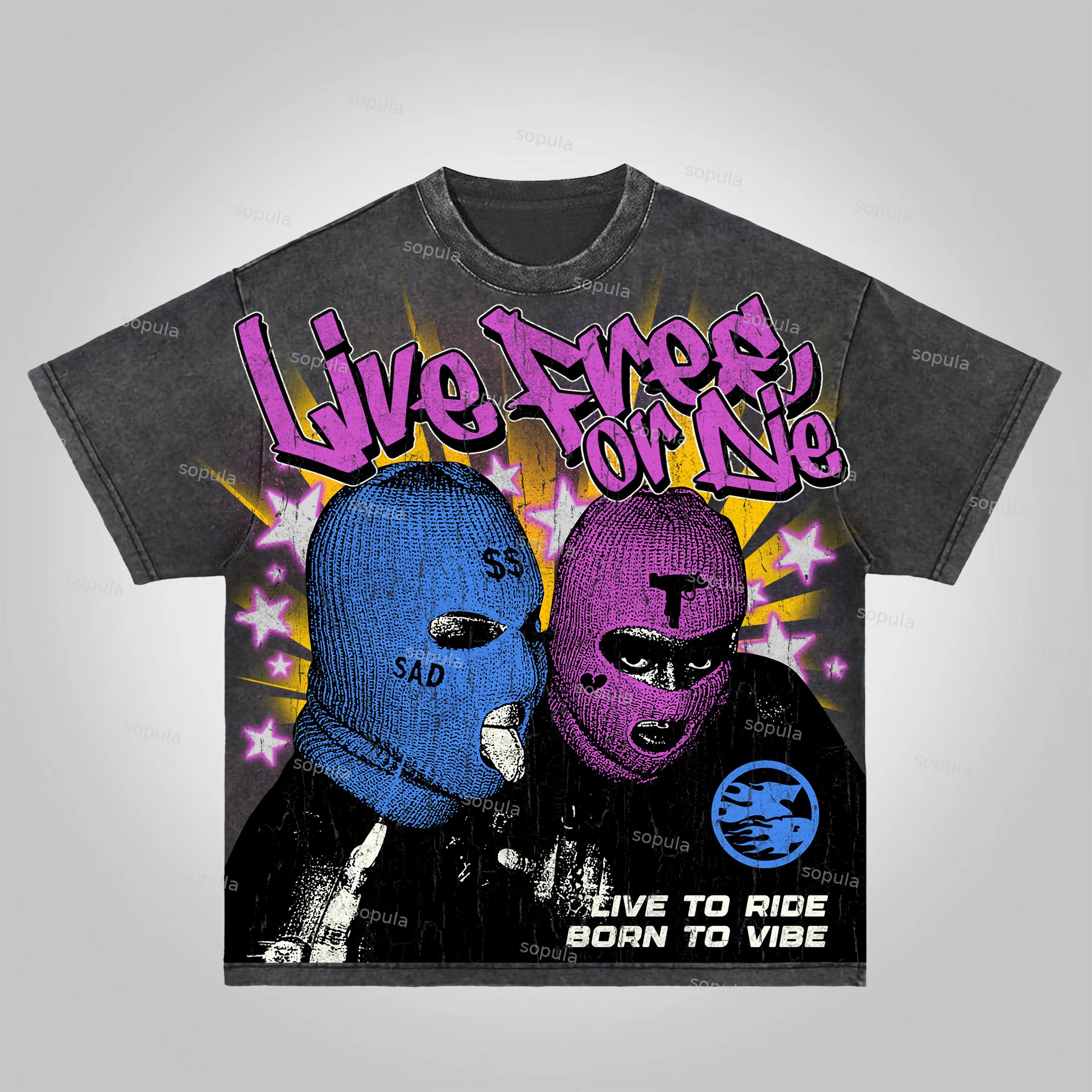 Sopula Life Free Streetwear Graphic Acid Washed T-Shirt