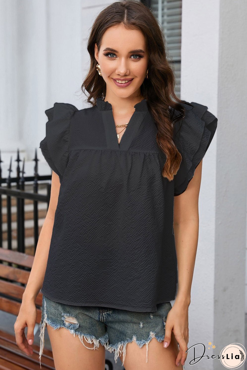Notched Neck Butterfly Sleeve Blouse