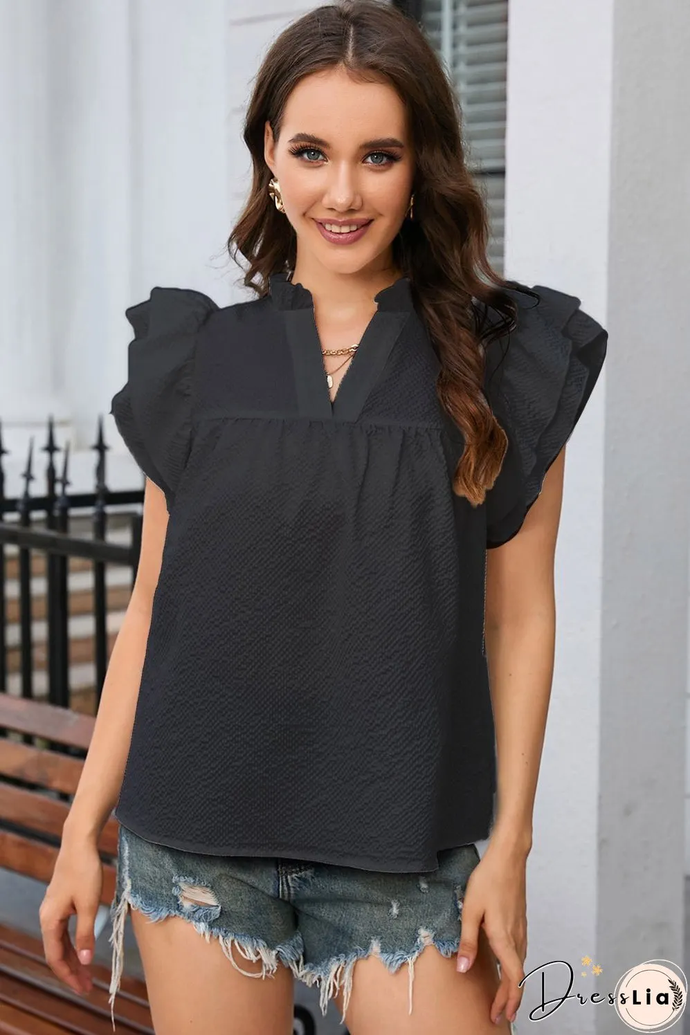 Notched Neck Butterfly Sleeve Blouse