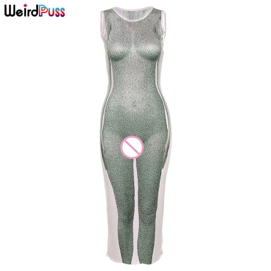 Weird Puss Sexy Aesthetic Print Long Dresses Women Summer Sleeveless Bodycon Stretchy Hipster Club Streetwear 2021 New Clothing