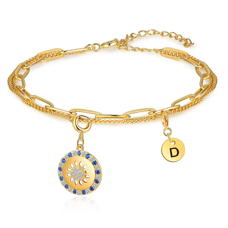 Personalized Sunflower Bracelet with Birthstone Double Layer Initial Bracelet