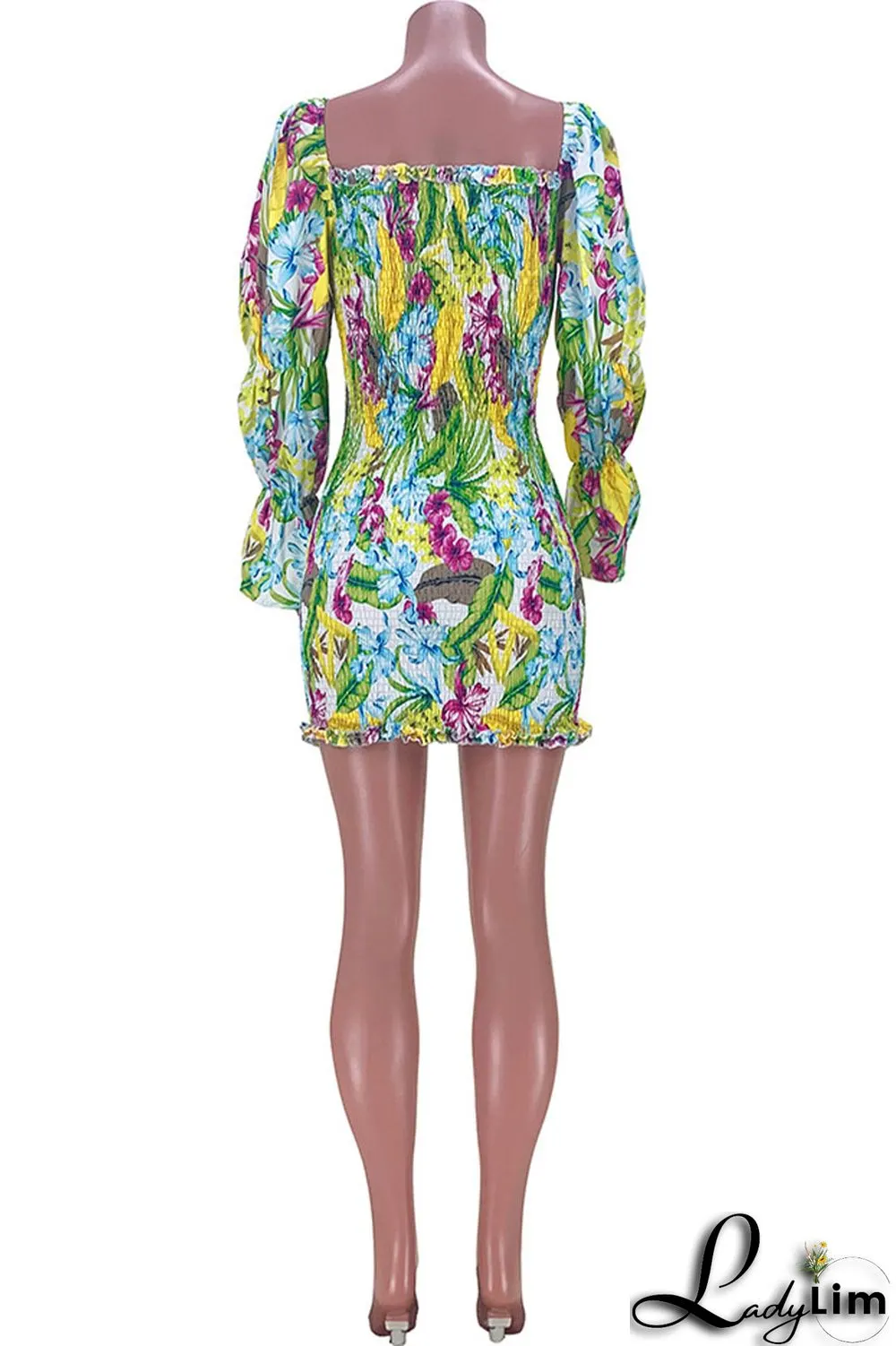 Grass Green Fashion Sweet Print Patchwork Square Collar Pencil Skirt Dresses