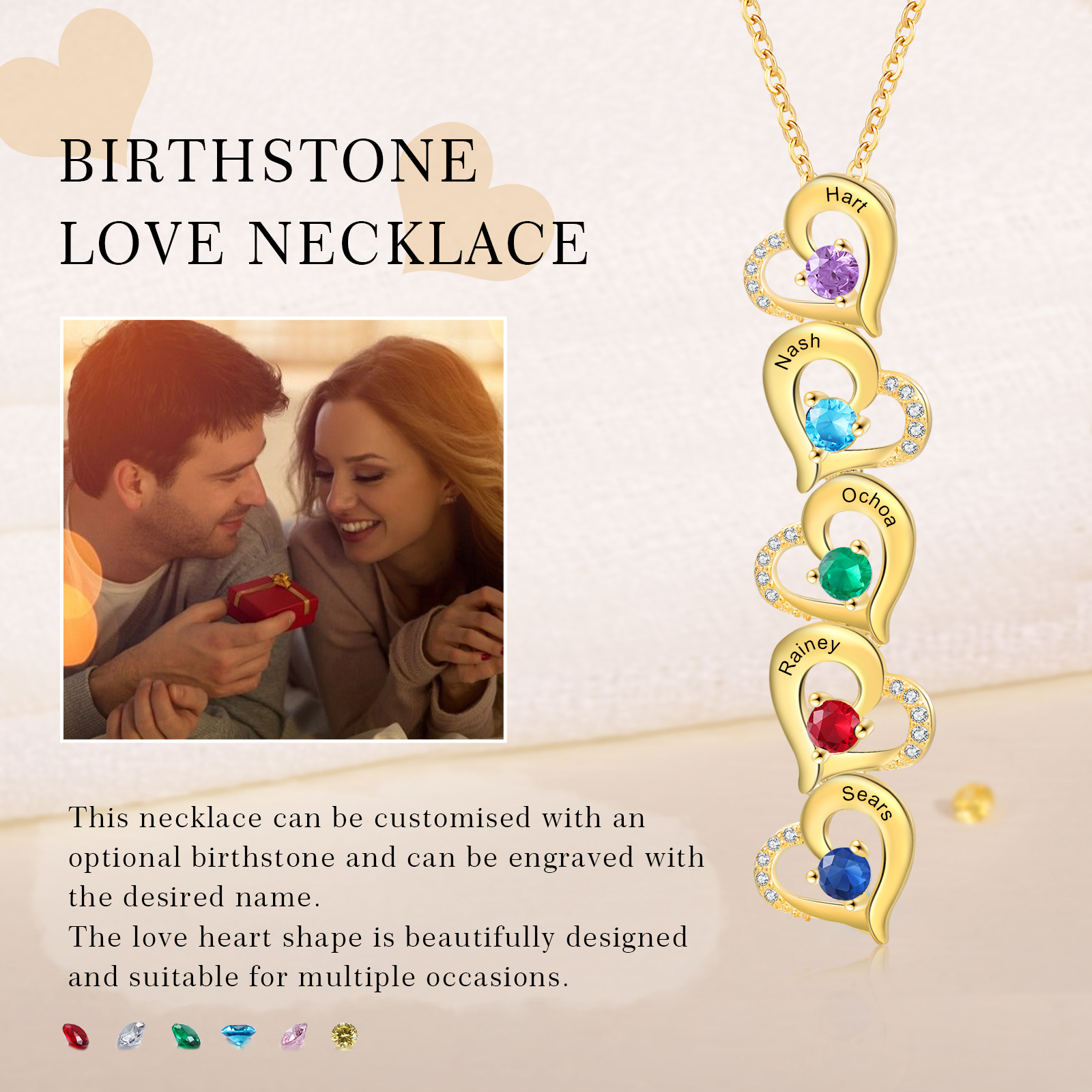 5 Names - Personalised Heart Pendant Necklace Custom Birthstones & Names Necklace Birthday Gift for Her-Jessemade AU