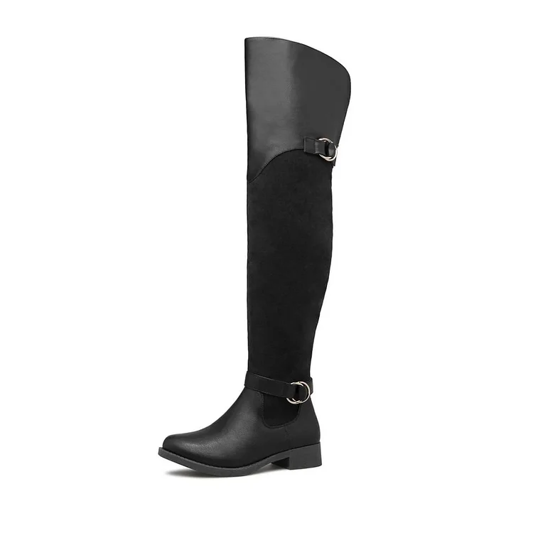 Black Buckle Long Boots Round Toe Flat Over-the-Knee Boots |FSJ Shoes