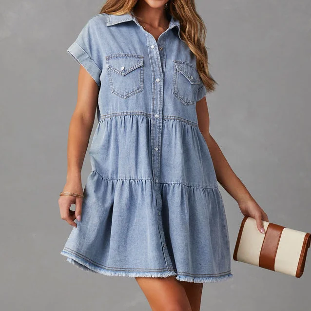 Women's Lapel Loose Denim Shirt Short Sleeve Dress